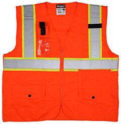 Mcr Safety Survcl2Pox3 Class 2, Poly Tricot Fabric, Surveyor, 2” Silver/Lime, Zipper, 8 Pockets, Orange, Size 3X-Large