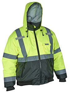 Mcr Safety Vbbcl3Ls Two Tone Bomber Jacket, Class 3, Water Resistant, Hi Vis Lime Over Black Torso, Zipper Closure, Zipper Pockets, Elastic Sleeves, Roll-Out Hood, Size Small