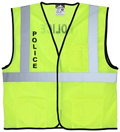 Mcr Safety Vcl2Mlplcx2 Class 2, Economy, Mesh, Silkscreened Police, 2” Silver Stripe, Hook/Loop, No Pockets, Lime, Size 2X-Large