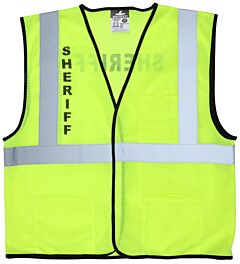 Mcr Safety Vcl2Mlshfm Class 2, Economy, Mesh, Silkscreened Sheriff, 2” Silver Stripe, Hook/Loop, No Pockets, Lime, Size Medium
