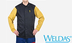 Weldas 33-8060 Cool Flame Retardant 30"-32" Jacket, Cotton With Leather Sleeves, Navy With Tan
