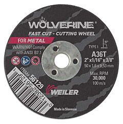 Weiler 56129 Wolverine™ Flat Type 1 Cutting Wheel, 2 In Dia, 36 Grit, Aluminum Oxide