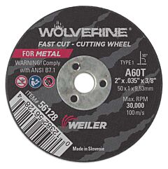 Weiler 56128 Wolverine™ Flat Type 1 Cutting Wheel, 2 In Dia, 60 Grit, Aluminum Oxide
