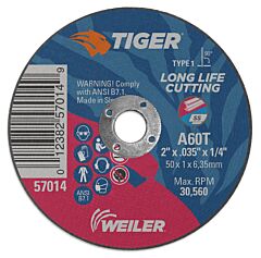 Weiler 57014 Tiger® Ao Cutting Wheel, 2 In Dia X 0.035 In Thick, 1/4 In Arbor, A60T, Type 1