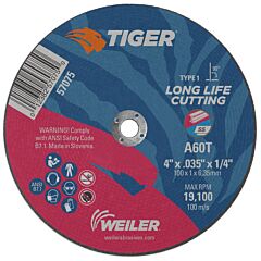Weiler 57075 Tiger® Ao Cutting Wheel, 4 In Dia X 0.035 In Thick, 1/4 In Arbor, A60T, Type 1