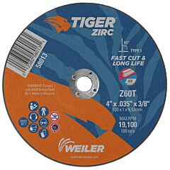 Weiler 58013 Tiger® Zirc High Performance Cutting Wheel, 4 In Dia, 0.035 In Thick, 1/4 In Arbor
