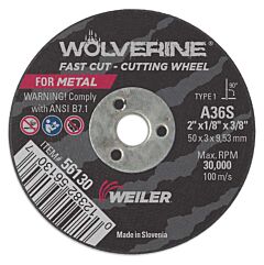 Weiler 56130 Wolverine™ Flat Type 1 Cutting Wheel, 2 In Dia, 36 Grit, Aluminum Oxide