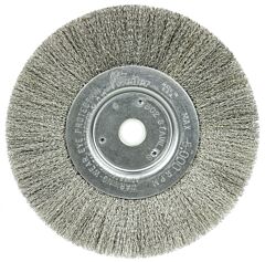 Weiler 01675 6" Narrow Face Crimped Wire Wheel, .006" Stainless Steel Fill, 5/8"-1/2" Arbor Hole