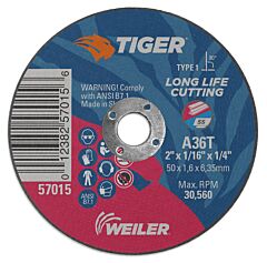 Weiler 57015 Tiger® Ao Cutting Wheel, 2 In Dia X 1/16 In Thick, 1/4 In Arbor, A36T, Type 1