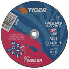 Weiler 57076 Tiger® Ao Cutting Wheel, 4 In Dia X 1/16 In Thick, 1/4 In Arbor, A36T, Type 1