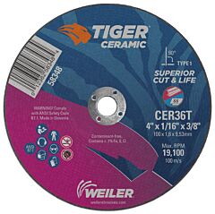 Weiler 58348 Tiger Ceramic Cutting Wheels, Type 27, 4 In Dia., 1/16 In Thick, 3/8 In Arbor
