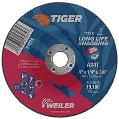 Weiler 57074 Tiger Grinding Wheels, 4 In Dia, 1/4 In Thick, 3/8 In Arbor