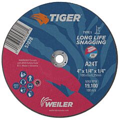 Weiler 57078 Tiger® Aluminum Oxide Flat Type 1 Snagging Wheel, 4 In Dia X 1/4 In, 1/4 In Arbor, T Hardness