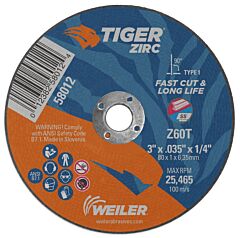 Weiler 58012 Tiger® Zirc High Performance Cutting Wheel, 3 In Dia, 0.035 In Thick, 1/4 In Arbor