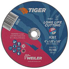 Weiler 57072 Tiger® Ao Cutting Wheel, 4 In Dia X 1/8 In Thick, 3/8 In Arbor, A36T, Type 1