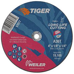 Weiler 57077 Tiger® Ao Cutting Wheel, 4 In Dia X 1/8 In Thick, 1/4 In Arbor, A36T, Type 1