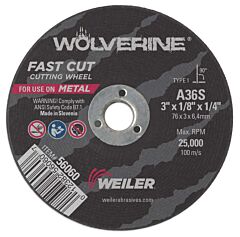 Weiler 56060 Wolverine™ Flat Type 1 Cutting Wheel, 3 In Dia, 36 Grit, Aluminum Oxide