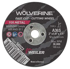 Weiler 56022 Wolverine™ Flat Type 1 Cutting Wheel, 2 In Dia, 36 Grit, Aluminum Oxide