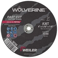 Weiler 56166 Wolverine™ Flat Type 1 Cutting Wheel, 4 In Dia, 36 Grit, Aluminum Oxide