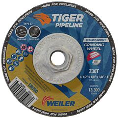 Weiler 58090 Tiger® Pipeliner Grinding Wheel, 4-1/2 In Dia X 1/8 In Thick X 5/8 In-11 Hub, Z30T, Type 27