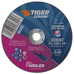 Weiler 58345 Tiger Ceramic Cutting Wheels, Type 27, 3 In Dia., 1/16 In Thick, 1/4 In Arbor