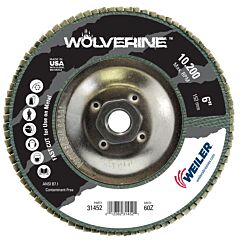 Weiler 31452 Wolverine™ Abrasive Flap Disc, 6 In Dia, 60 Grit, 5/8 In To 11 In Arbor, 10200 Rpm
