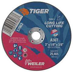 Weiler 57063 Tiger® Ao Cutting Wheel, 3 In Dia X 1/8 In Thick, 3/8 In Arbor, A36T, Type 1