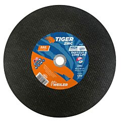 Weiler 58029 Tiger® Zirc Rail Type 1 High Speed Saw Large Cutting Wheel, 16 In Dia X 1/8 In, 1 In Arbor Hole, Z24U