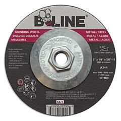 B-Line Abrasives 90907 Depressed Center Grinding Wheel, 5 In Dia, 1/4 In Thick, 5/8 In-11 Arbor, 24 Grit, Aluminum Oxide