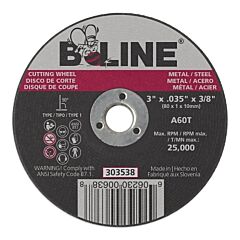 B-Line Abrasives 90882 Cutting Wheel, 3 In Dia, 0.035 In Thick, 3/8 In Arbor, 60 Grit, Alum Oxide