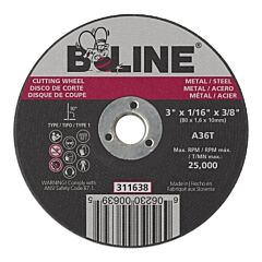 B-Line Abrasives 90883 Cutting Wheel, 3 In Dia, 1/16 In Thick, 3/8 In Arbor, 36 Grit, Alum Oxide