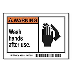Brady® 86838 Warning Wash Hands After Use Label, 3-1/2 In H X 5 In W, Black/Orange On White