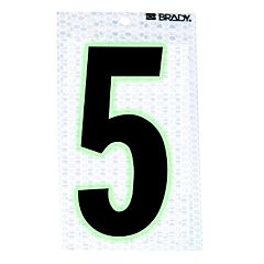 Brady® 3010-5 Glow-In-The-Dark/Ultra Reflective Numbers, 3.5 In X 2.5 In, "5", Black/Silver