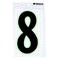Brady® 3010-8 Glow-In-The-Dark/Ultra Reflective Numbers, 3.5 In X 2.5 In, "8", Black/Silver