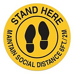 Brady® 170215 Social Distancing Sign, B-534 Anti-Skid Poly, 17 In Dia, Black/Yellow, Stand Here To Maintain Social Distance