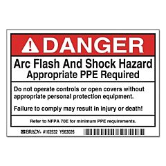 Brady® 103532 Arc Flash Labels, 5 In X 3 1/2 In, Danger - Arc Flash And Shock Hazard, Red