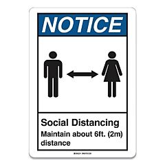 Brady® 170208 Social Distancing Sign, B-402 Polystyrene, 14 In H X 10 In W, Blk/Bl/Wh, Notice Social Distancing Maintain About 6Ft. (2M)