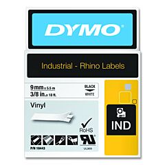 Dymo 18443 Industrial Rhino Vinyl Label Cartridge, 3/8 In W X 18 Ft L, Black Print On White Background