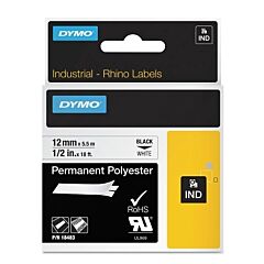 Dymo 18483 Industrial Rhino Permanent Polyester Label Cartridge, 1/2 In W X 18 Ft L, Black Print On White Background