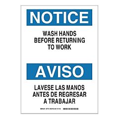 Brady® 87714 English/Spanish Notice Wash Hands Before Returning To Work Sign, 14 In H X 10 In W, Black/Blue On White