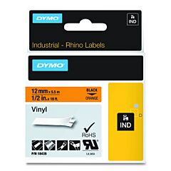 Dymo 18435 Industrial Rhino Vinyl Label Cartridge, 1/2 In W X 18 Ft L, Black Print On Orange Background