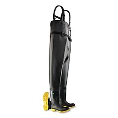 Dunlop® 8686700.11 Chest Waders, Steel Toe And Midsole, Men'S 11, 16 In Boot, 53 In Overall L, Pvc/Ultragrip®/Nylon, Black/Yellow