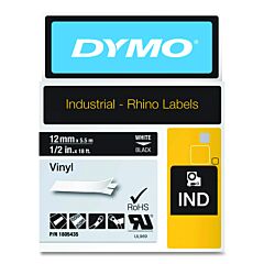 Dymo 1805435 Industrial Rhino Vinyl Label Cartridge, 1/2 In W X 18 Ft L, White Print On Black Background