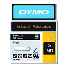 Dymo 1805437 Industrial Rhino Vinyl Label Cartridge, 3/8 In W X 18 Ft L, White Print On Black Background
