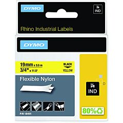 Dymo 18491 Industrial Rhino Flexible Nylon Label Cartridge, 3/4 In W X 11.5 Ft L, Black Print On Yellow Background