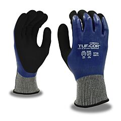 Cordova 3726L Gloves, Tuf-Cor 13-Gauge Hppe/Glass Fiber Shell, Blue Nitrile Full Coating, Black Sandy Nitrile Palm Coating, Ansi Cut Level A4, Size Large