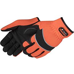 Liberty Safety 0906Ho "Onyx Warrior" Simulated Black Leather Gloves, Hi Viz Orange Spandex Fabric Back, Shirred Elastic Slip On Cuff, Size Medium