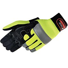 Liberty Safety 0915Hy/Rt "Neo Knight" Premium Simulated Black Leather Gloves W/Patch Palm, Hi Viz Green Spandex Fabric Back, Reflective Tape, Adjustable Hook & Loop Tabs, Size 2X-Large
