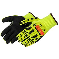 Liberty Safety 0940 "Blitz" Impact Gloves, 13 Gauge Hi Viz Lime Green Polyester Shell, Black Sandy Nitrile Palm W/Thumb Crotch Reinforcement, Tpr On Back And Fingers, Size Large