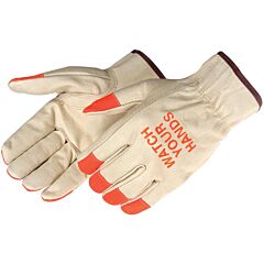 Liberty Safety 7017Fq Regular Grain Pigskin Drivers Gloves, Orange Finger Tips, "Watch Your Hands" Logo, Keystone Thumb, Unlined, Shirred Elastic Back, Size Small